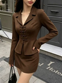 SHEIN PariChic Women's Minimalist French Style Frog Button Design Long Sleeve Top And Skirt 2-Piece Set - Coffee Brown - View 4