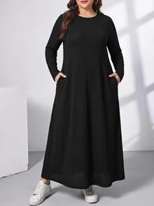 Shapeblank Women's Plus Size Black Long Dress (With Pockets) - Minimalist Versatile, Comfortable Elastic Short Sleeve Design, Suitable For Daily Casual Long Sleeve Dress - Black - View 5