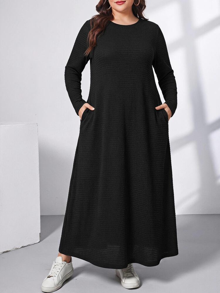 Shapeblank Women's Plus Size Black Long Dress (With Pockets) - Minimalist Versatile, Comfortable Elastic Short Sleeve Design, Suitable For Daily Casual Long Sleeve Dress - Black - View 5