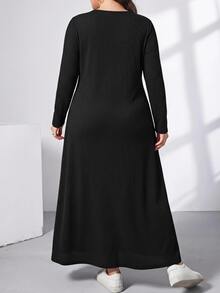 Shapeblank Women's Plus Size Black Long Dress (With Pockets) - Minimalist Versatile, Comfortable Elastic Short Sleeve Design, Suitable For Daily Casual Long Sleeve Dress - Black - View 2