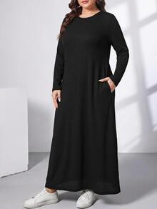 Shapeblank Women's Plus Size Black Long Dress (With Pockets) - Minimalist Versatile, Comfortable Elastic Short Sleeve Design, Suitable For Daily Casual Long Sleeve Dress - Black - View 8