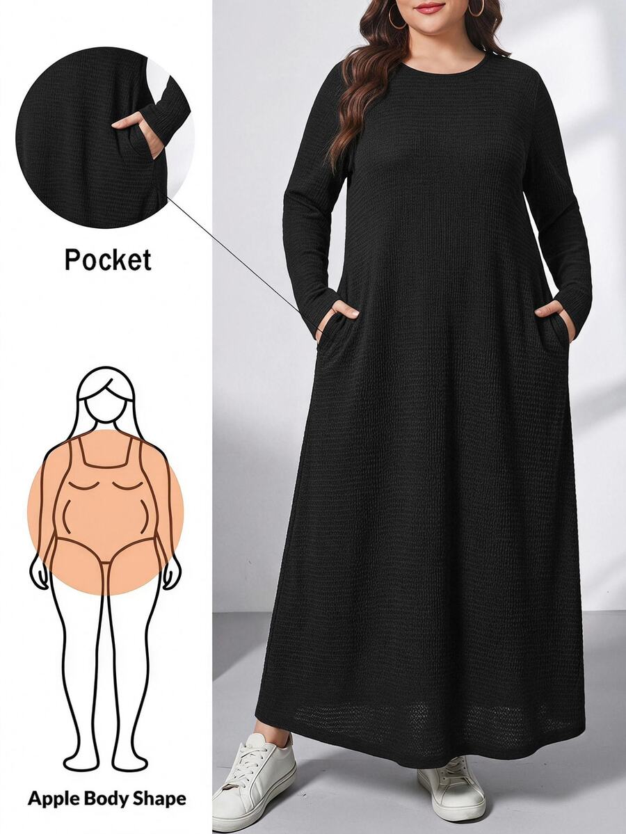 Shapeblank Women's Plus Size Black Long Dress (With Pockets) - Minimalist Versatile, Comfortable Elastic Short Sleeve Design, Suitable For Daily Casual Long Sleeve Dress - Black - View 1