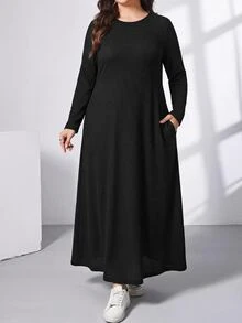 Shapeblank Women's Plus Size Black Long Dress (With Pockets) - Minimalist Versatile, Comfortable Elastic Short Sleeve Design, Suitable For Daily Casual Long Sleeve Dress - Black - View 4
