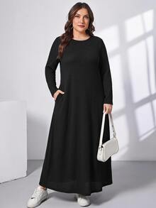 Shapeblank Women's Plus Size Black Long Dress (With Pockets) - Minimalist Versatile, Comfortable Elastic Short Sleeve Design, Suitable For Daily Casual Long Sleeve Dress - Black - View 6