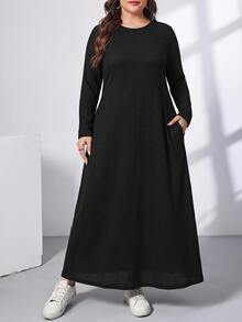 Shapeblank Women's Plus Size Black Long Dress (With Pockets) - Minimalist Versatile, Comfortable Elastic Short Sleeve Design, Suitable For Daily Casual Long Sleeve Dress - Black - View 3