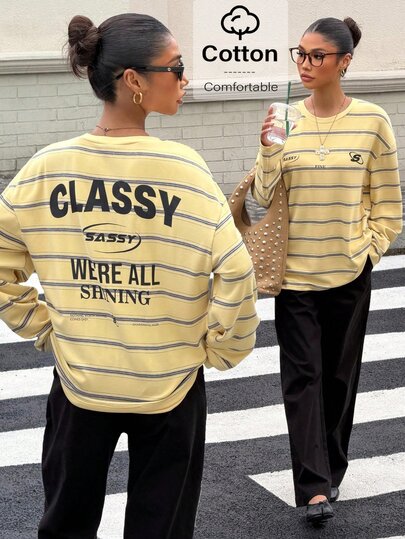 Muchica Women's Knit Striped Loose Long Sleeve T-Shirt Women's Casual School Preppy Style Retro Short-Sleeved Top With Blue Lettering