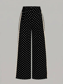 SHEIN Tween女孩時尚休閒舒適針織復古黑白波點印花拼接白色織帶運動褲 針織拼接寬鬆短褲，粉絲周邊，比賽日穿搭，夏季度假，音樂節，節日季 - 黑與白 - 查看 2