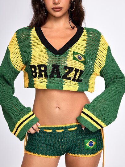 Street Life Women's T-Shirt Summer Outfits World Cup Sports Style Brazil Colorway Loose Cropped Knit Top Long Sleeve