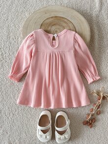 SHEIN Newborn Light Pink Round Neck Long Sleeve Cotton Blend Dress, Adorable With 3D Floral And Embroidered Flower Accents, Exquisite And Fun - Pink - View 3