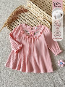 SHEIN Newborn Light Pink Round Neck Long Sleeve Cotton Blend Dress, Adorable With 3D Floral And Embroidered Flower Accents, Exquisite And Fun - Pink - View 8