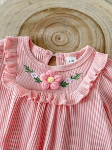 SHEIN Newborn Light Pink Round Neck Long Sleeve Cotton Blend Dress, Adorable With 3D Floral And Embroidered Flower Accents, Exquisite And Fun - Pink - View 4