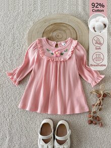 SHEIN Newborn Light Pink Round Neck Long Sleeve Cotton Blend Dress, Adorable With 3D Floral And Embroidered Flower Accents, Exquisite And Fun - Pink - View 6