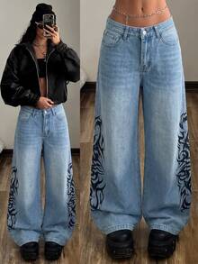 StreetHx 1pc Fire Print Wide Leg Jeans Going Out Light Blue Summer Y2k - Blue - View 6