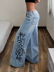 StreetHx 1pc Fire Print Wide Leg Jeans Going Out Light Blue Summer Y2k - Blue - View 1