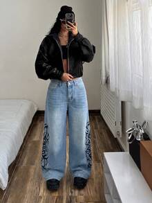 StreetHx 1pc Fire Print Wide Leg Jeans Going Out Light Blue Summer Y2k - Blue - View 3