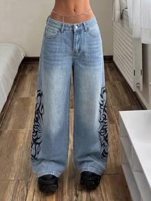 StreetHx 1pc Fire Print Wide Leg Jeans Going Out Light Blue Summer Y2k - Blue - View 7