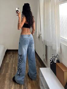StreetHx 1pc Fire Print Wide Leg Jeans Going Out Light Blue Summer Y2k - Blue - View 2