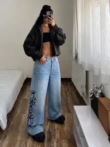 StreetHx 1pc Fire Print Wide Leg Jeans Going Out Light Blue Summer Y2k - Blue - View 4