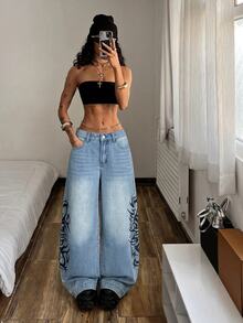 StreetHx 1pc Fire Print Wide Leg Jeans Going Out Light Blue Summer Y2k - Blue - View 5