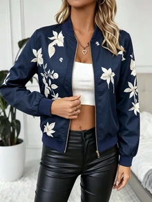 SHEIN Holidaya جاكيت طويل الأكمام بسحاب مطبوع بتطريز مزيف لتنحيف الجسم - أزرق بحري - مشاهدة 3
