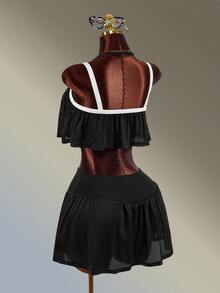 Amplova Women's Black & White Contrast Camisole Top + Skort Mesh Fabric Patchwork Sports Set - Black and White - View 9