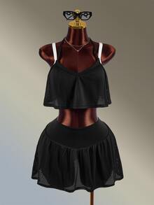 Amplova Women's Black & White Contrast Camisole Top + Skort Mesh Fabric Patchwork Sports Set - Black and White - View 10
