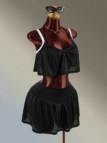 Amplova Women's Black & White Contrast Camisole Top + Skort Mesh Fabric Patchwork Sports Set - Black and White - View 4