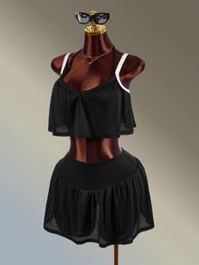 Amplova Women's Black & White Contrast Camisole Top + Skort Mesh Fabric Patchwork Sports Set - Black and White - View 3