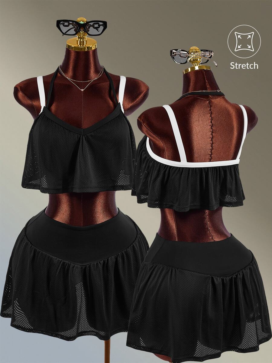 Amplova Women's Black & White Contrast Camisole Top + Skort Mesh Fabric Patchwork Sports Set - Black and White - View 1