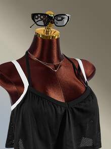 Amplova Women's Black & White Contrast Camisole Top + Skort Mesh Fabric Patchwork Sports Set - Black and White - View 5