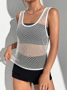 Solea Cove Women's Plus Size Solid Color Hollow Out Daily Fitness Sports Tank Top - White - View 4