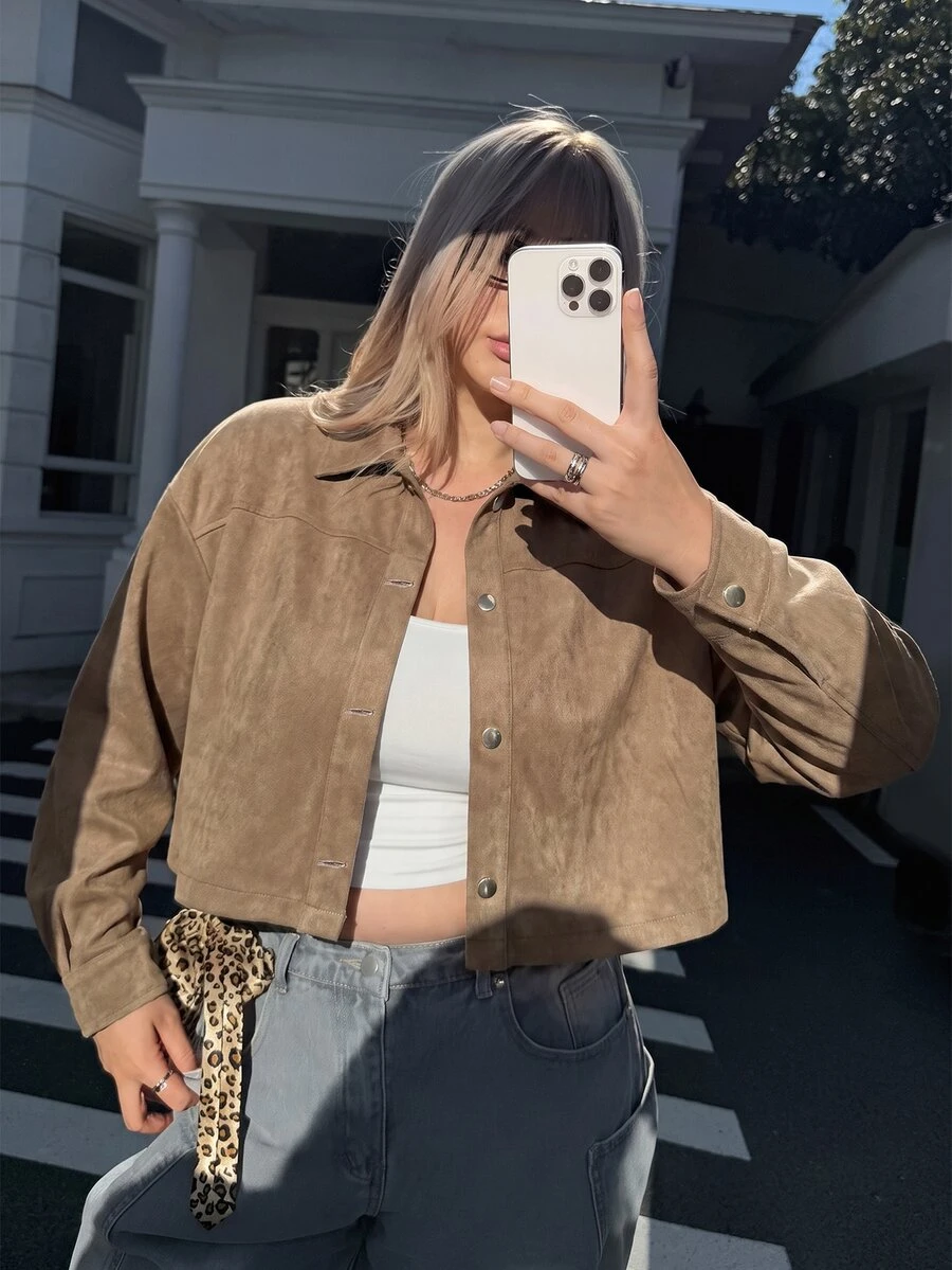 Comfortcana Women's Plus Size Solid Color Single-Breasted Casual Versatile Daily Long Sleeve Jacket Autumn,Streetwear,Khaki,Vintage Hiking - Khaki - View 1
