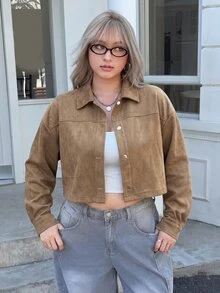 Comfortcana Women's Plus Size Solid Color Single-Breasted Casual Versatile Daily Long Sleeve Jacket Autumn,Streetwear,Khaki,Vintage Hiking - Khaki - View 6
