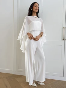 Aloruh Women's Autumn/Winter Wrap Wide Leg Jumpsuit Wedding Dinner Mother Of The Bride White Elegant - White - View 4