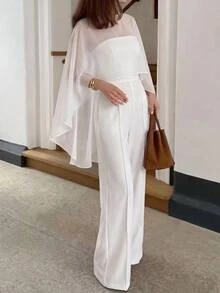 Aloruh Women's Autumn/Winter Wrap Wide Leg Jumpsuit Wedding Dinner Mother Of The Bride White Elegant - White - View 1