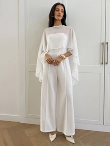 Aloruh Women's Autumn/Winter Wrap Wide Leg Jumpsuit Wedding Dinner Mother Of The Bride White Elegant - White - View 3