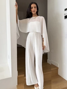 Aloruh Women's Autumn/Winter Wrap Wide Leg Jumpsuit Wedding Dinner Mother Of The Bride White Elegant - White - View 6