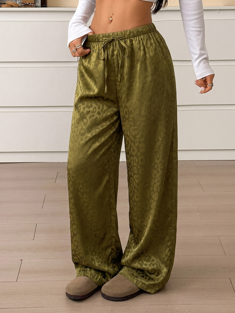 CovetEZ Plus Size Women's Waist Tie Leopard Print Wide Leg Loose Pants Brunch Date Night Vacation Olive Green Summer - Army Green - View 8