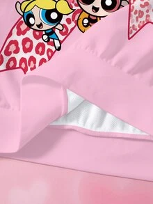 THE POWERPUFF GIRLS X SHEIN 青少年女孩豹紋蝴蝶結長袖運動衫與緊身褲休閒套裝 - 白色 - 查看 9