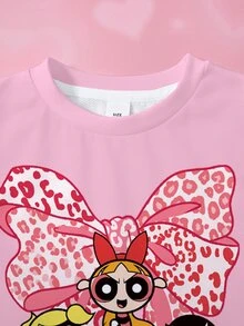 THE POWERPUFF GIRLS X SHEIN 青少年女孩豹紋蝴蝶結長袖運動衫與緊身褲休閒套裝 - 白色 - 查看 4