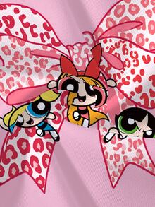 THE POWERPUFF GIRLS X SHEIN 青少年女孩豹紋蝴蝶結長袖運動衫與緊身褲休閒套裝 - 白色 - 查看 6