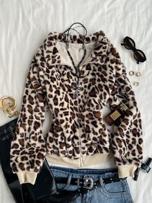 Attitoon Sweatshirt Kasual Wanita Motif Leopard, Musim Gugur/Dingin - Khaki - View 8