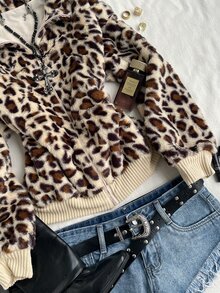 Attitoon Sweatshirt Kasual Wanita Motif Leopard, Musim Gugur/Dingin - Khaki - View 7