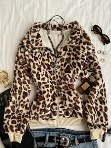 Attitoon Sweatshirt Kasual Wanita Motif Leopard, Musim Gugur/Dingin - Khaki - View 1