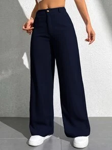 SHEIN PETITE 女款休閒鈕扣口袋寬鬆長褲，適合辦公與通勤 - Blue Power - 查看 4