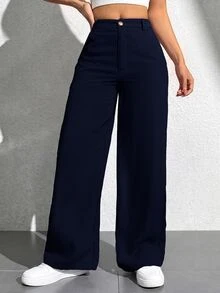 SHEIN PETITE 女款休閒鈕扣口袋寬鬆長褲，適合辦公與通勤 - Blue Power - 查看 3