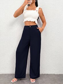 SHEIN PETITE 女款休閒鈕扣口袋寬鬆長褲，適合辦公與通勤 - Blue Power - 查看 7