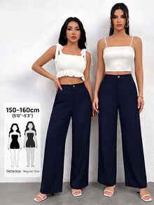 SHEIN PETITE 女款休閒鈕扣口袋寬鬆長褲，適合辦公與通勤 - Blue Power - 查看 6