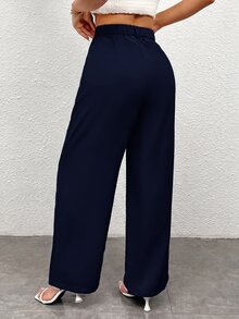 SHEIN PETITE 女款休閒鈕扣口袋寬鬆長褲，適合辦公與通勤 - Blue Power - 查看 2