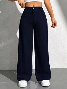 SHEIN PETITE 女款休閒鈕扣口袋寬鬆長褲，適合辦公與通勤 - Blue Power - 查看 5